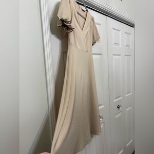 Beige Midi Dress with Puff Sleeves